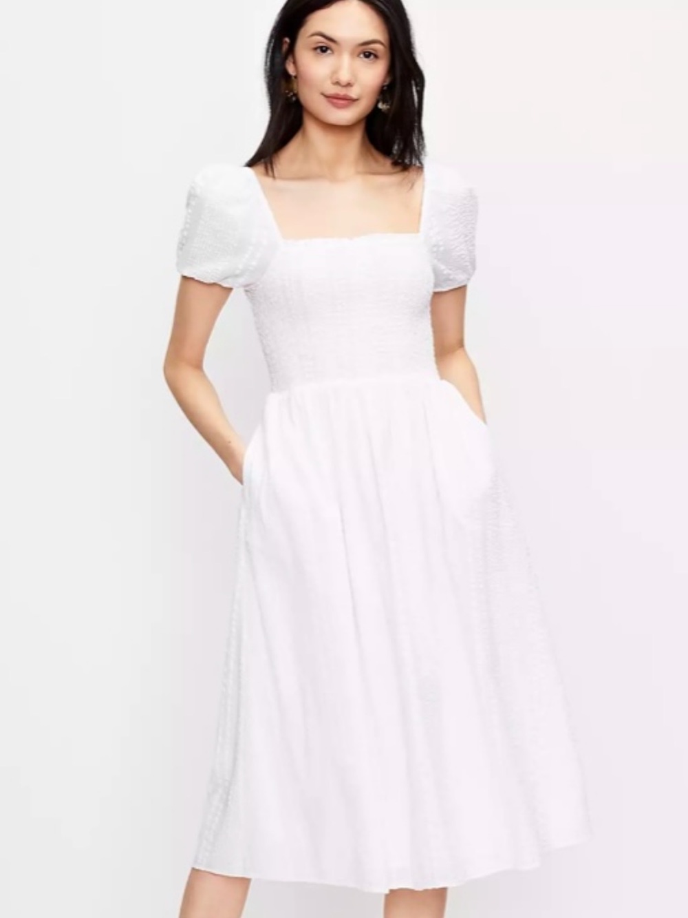 LOFT Puff Sleeve Midi Dress in White Seersucker. Size XL. Brand new!